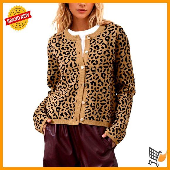 Leopard Print Cardigan Open Front Button Up Long Sleeve Cropped Chic Y2K